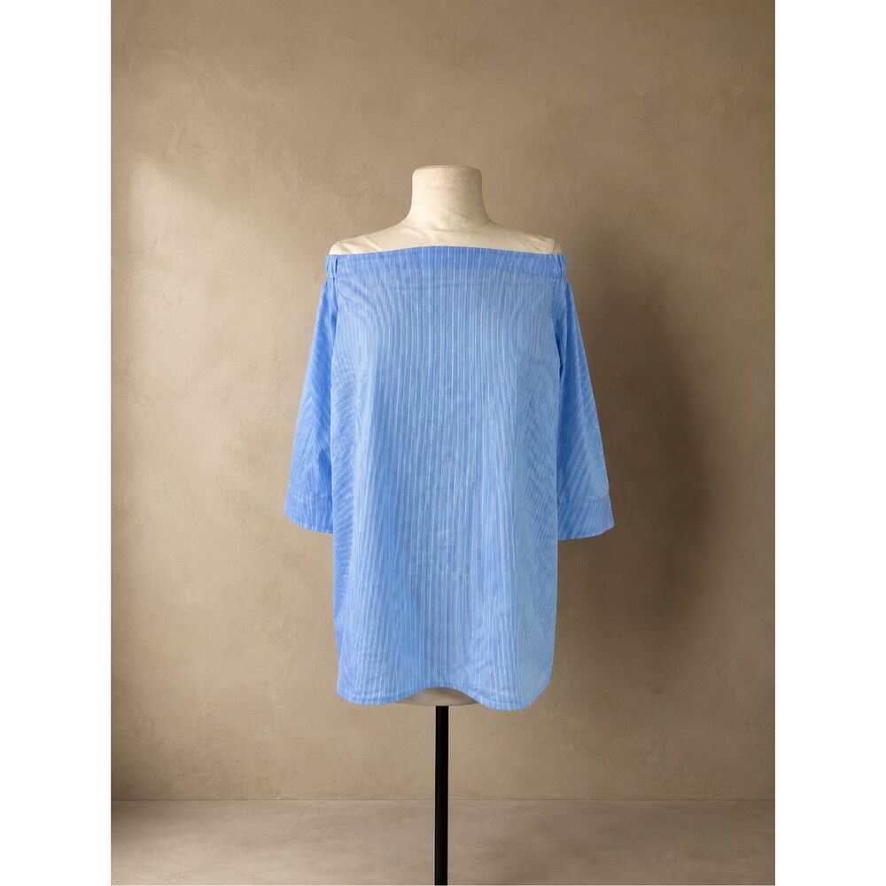 Nordstrom Sz M Halogen blouse off shoulder stripe resort blue